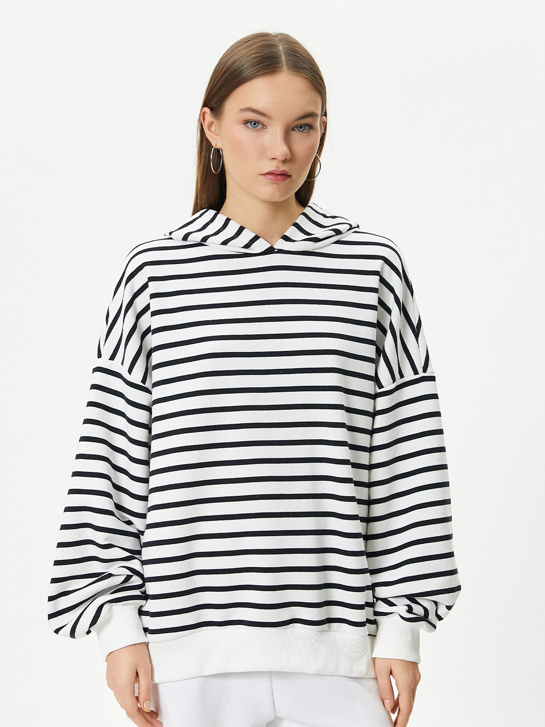 

Koton Striped Hooded Sweatshirt, Black