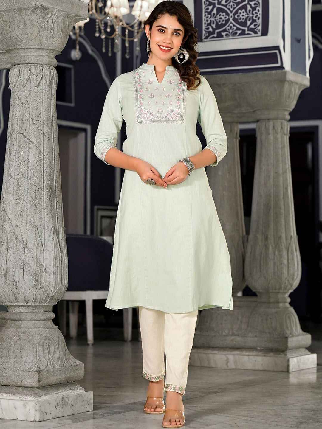 

Sangria Embroidered Pure Cotton A Line Kurta With Trouser, Green