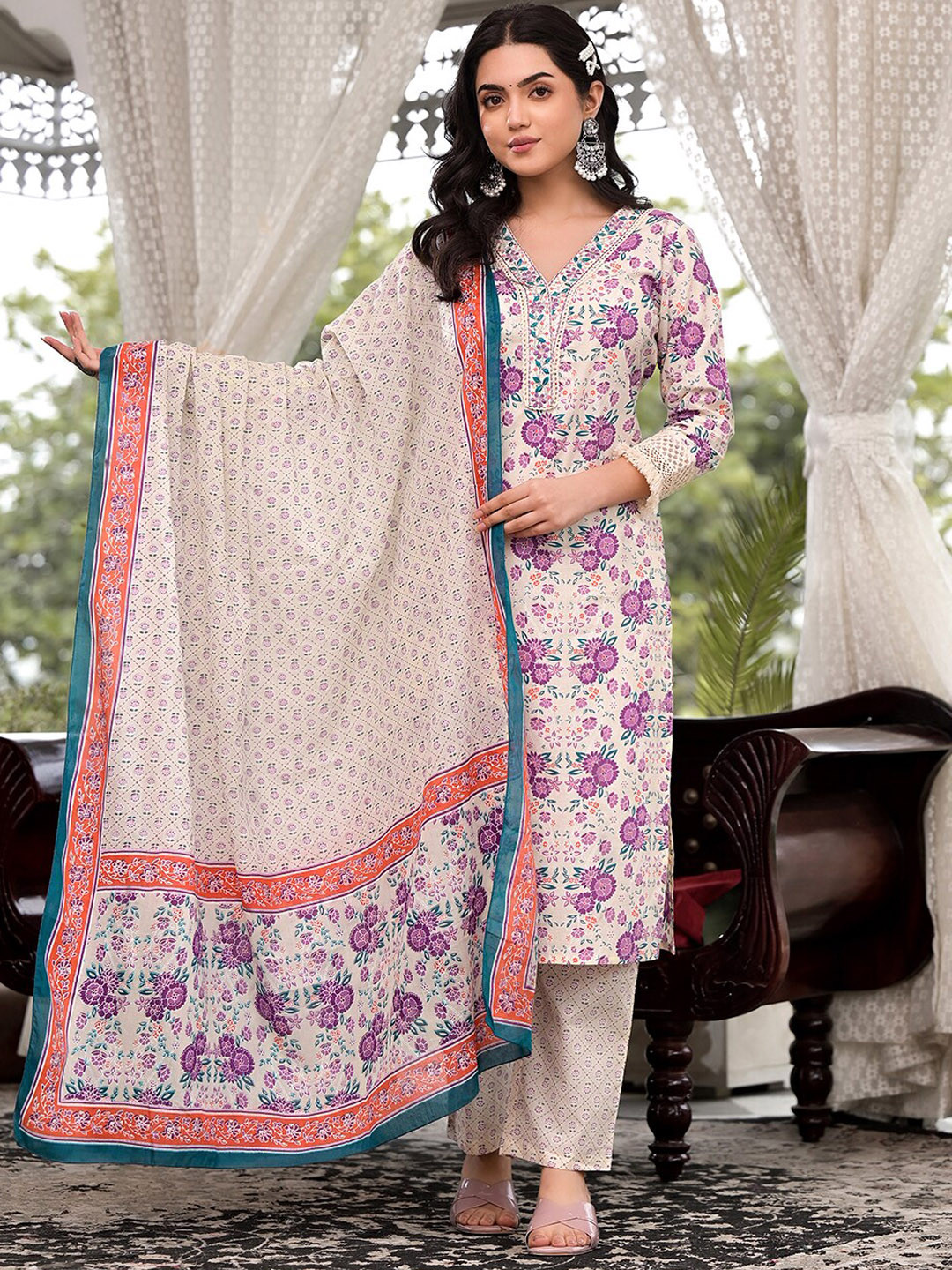 

Sangria Floral Printed Pure Cotton V Neck Kurta With Trousers & Dupatta, Off white