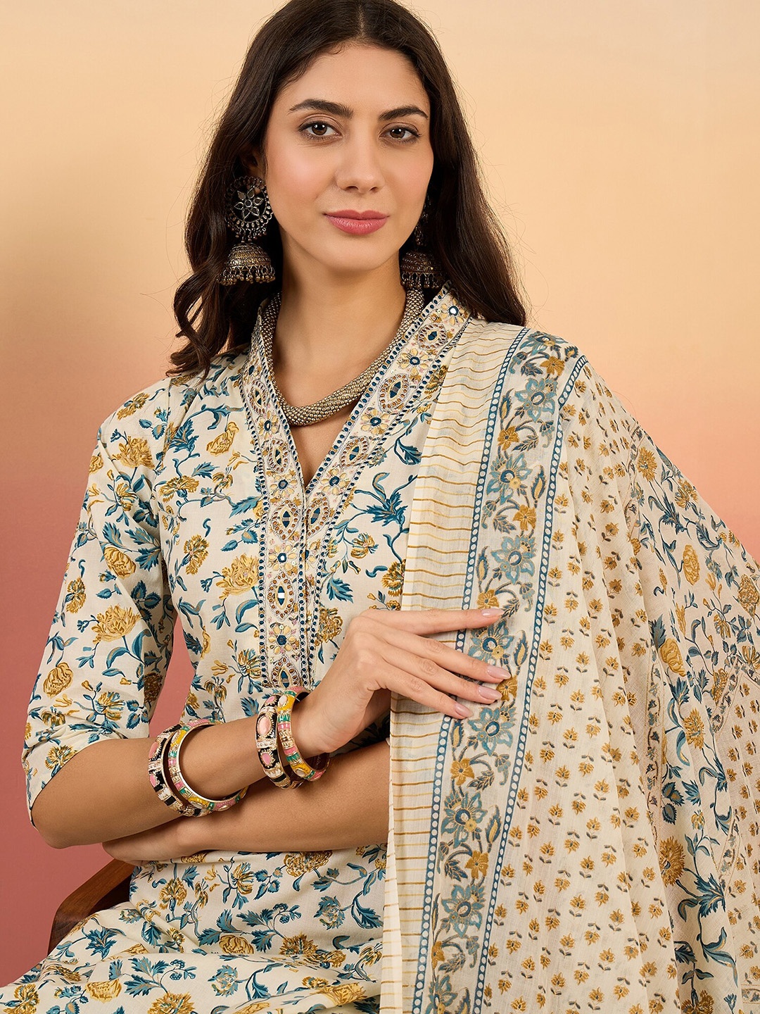 

Sangria Floral Printed Pure Cotton V Neck Kurta With Trousers & Dupatta, Cream