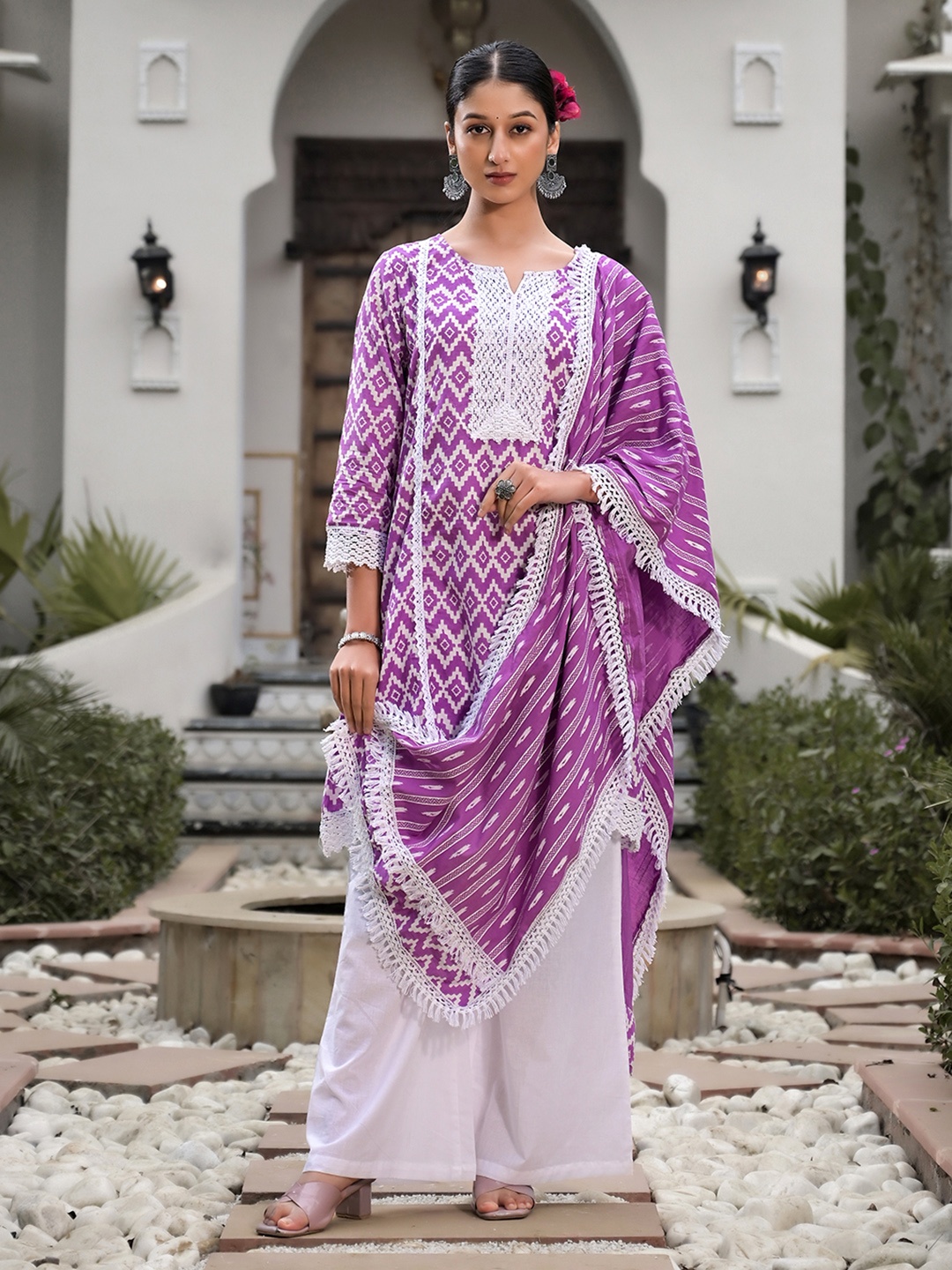 

Sangria Printed Pure Cotton Round-Neck Kurta With Palazzo & Dupatta, Purple