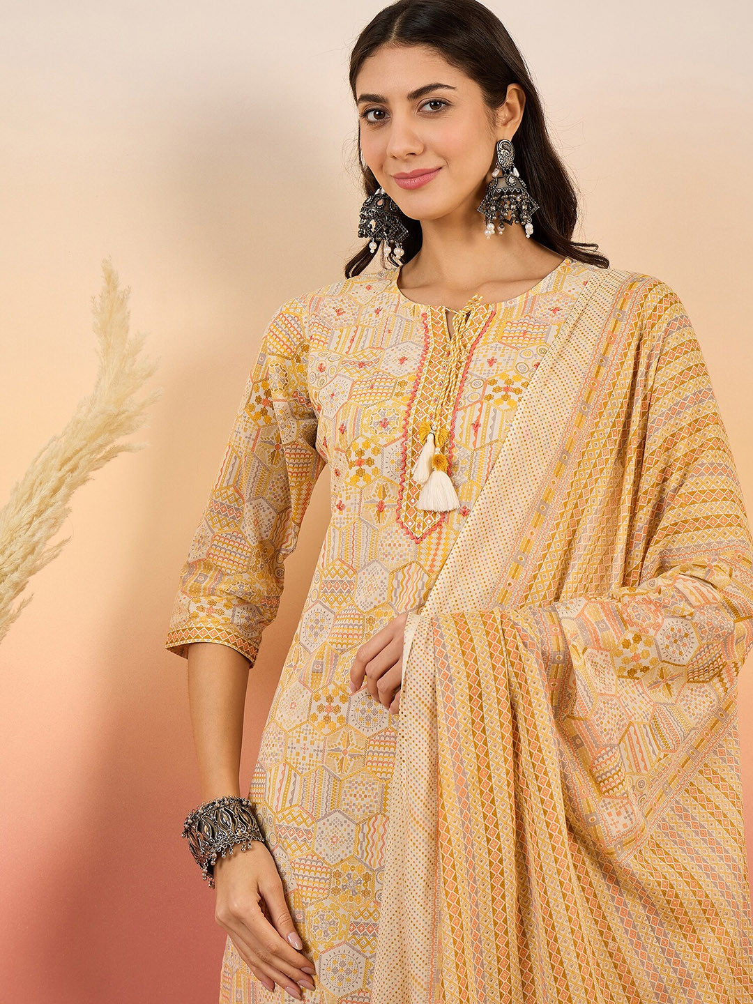 

Sangria Geometric Printed Pure Cotton Kurta With Trousers & Dupatta, Yellow