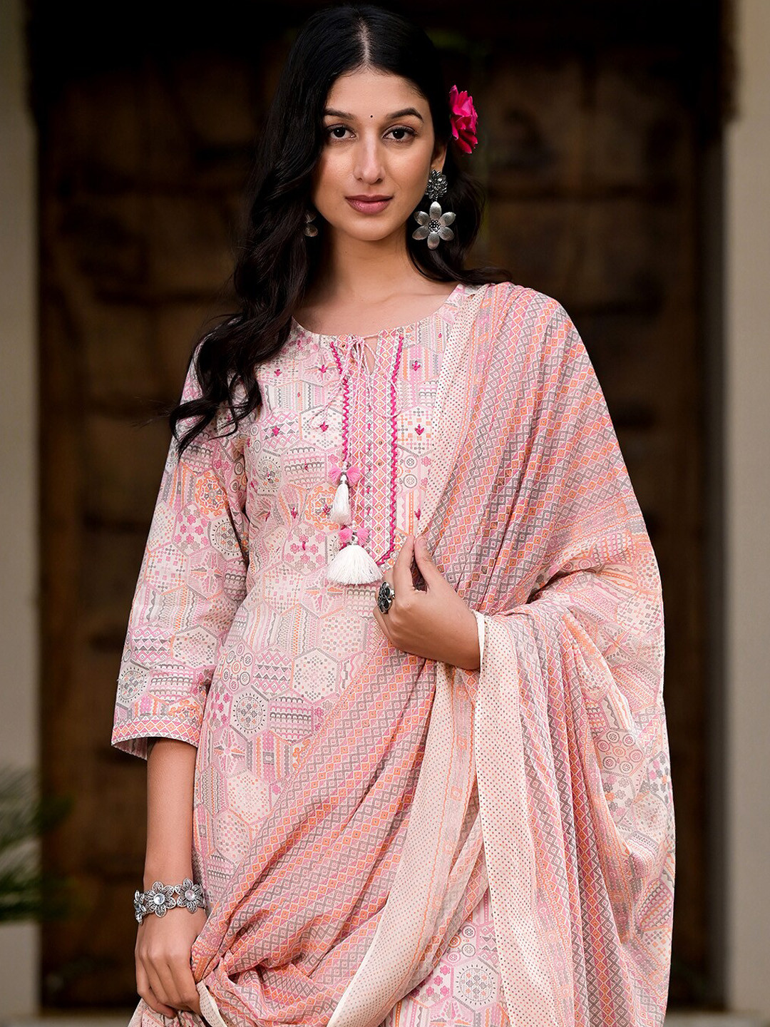 

Sangria Ethnic Motifs Printed Thread Work Pure Cotton Kurta With Trousers & Dupatta, Pink