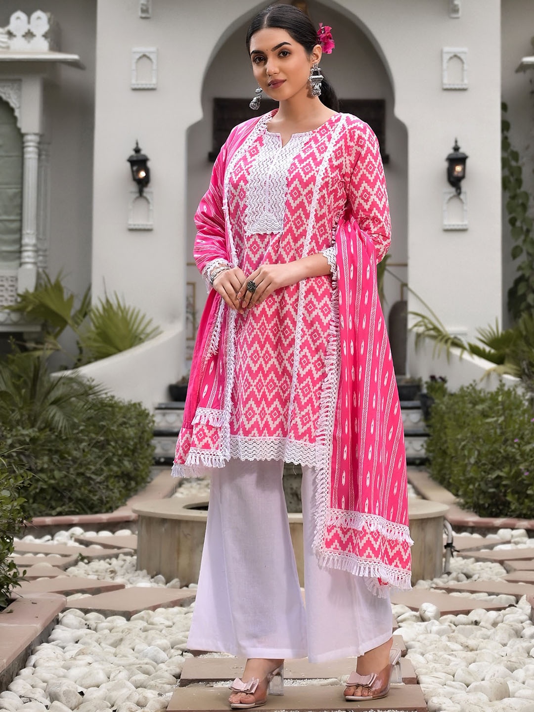 

Sangria Printed Pure Cotton A Line Kurta With Palazzo & Dupatta Set, Pink