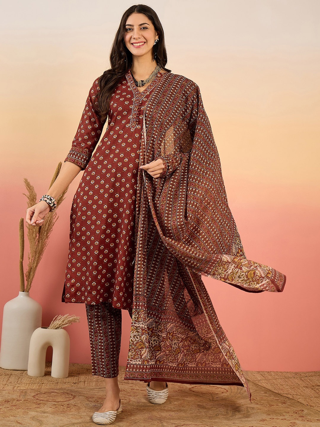 

Sangria Floral Printed Pure Cotton V Neck Kurta With Trousers & Dupatta, Maroon