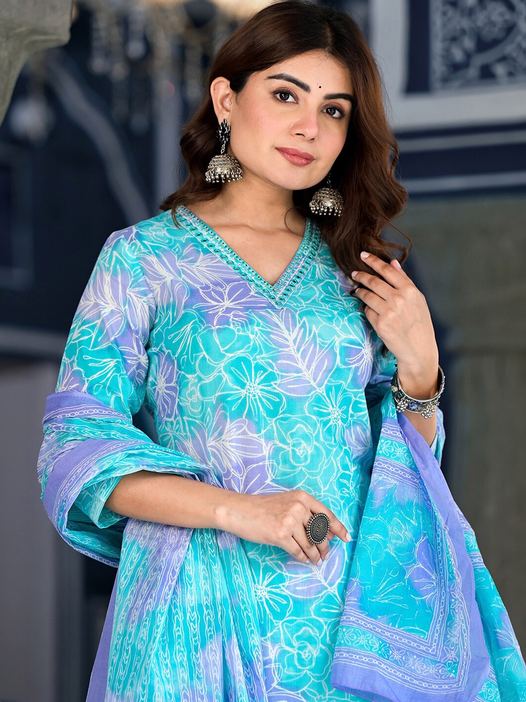 

Sangria Floral Printed Embroidered Pure Cotton Straight Kurta With Trouser & Dupatta Set, Blue