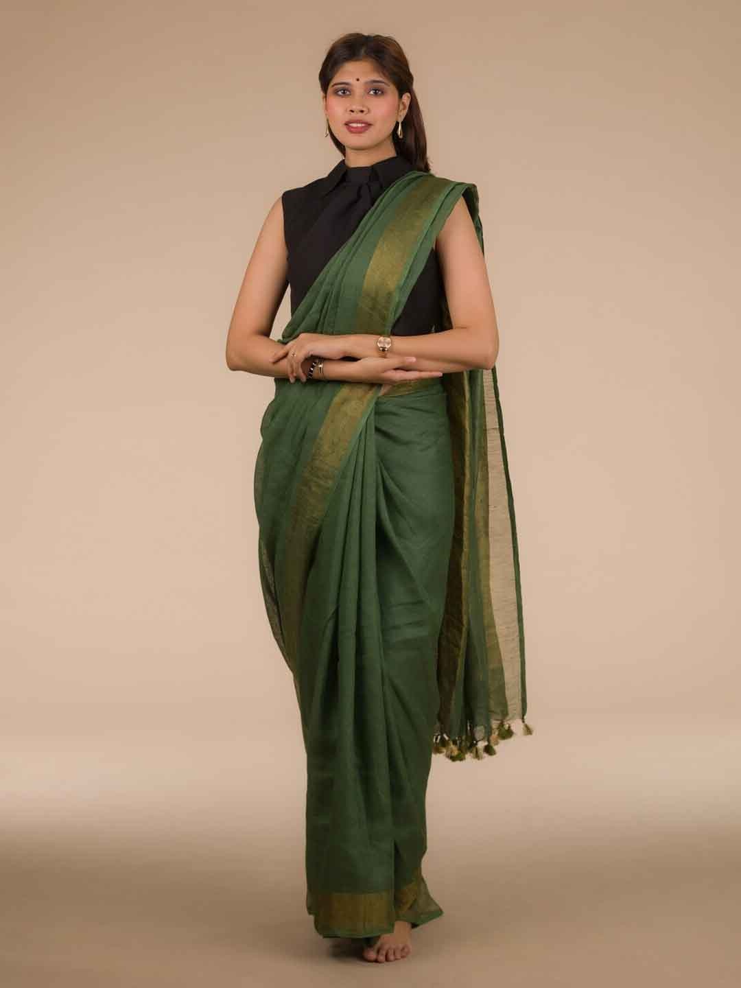 

Indyvarna Zari Pure Linen Saree, Olive