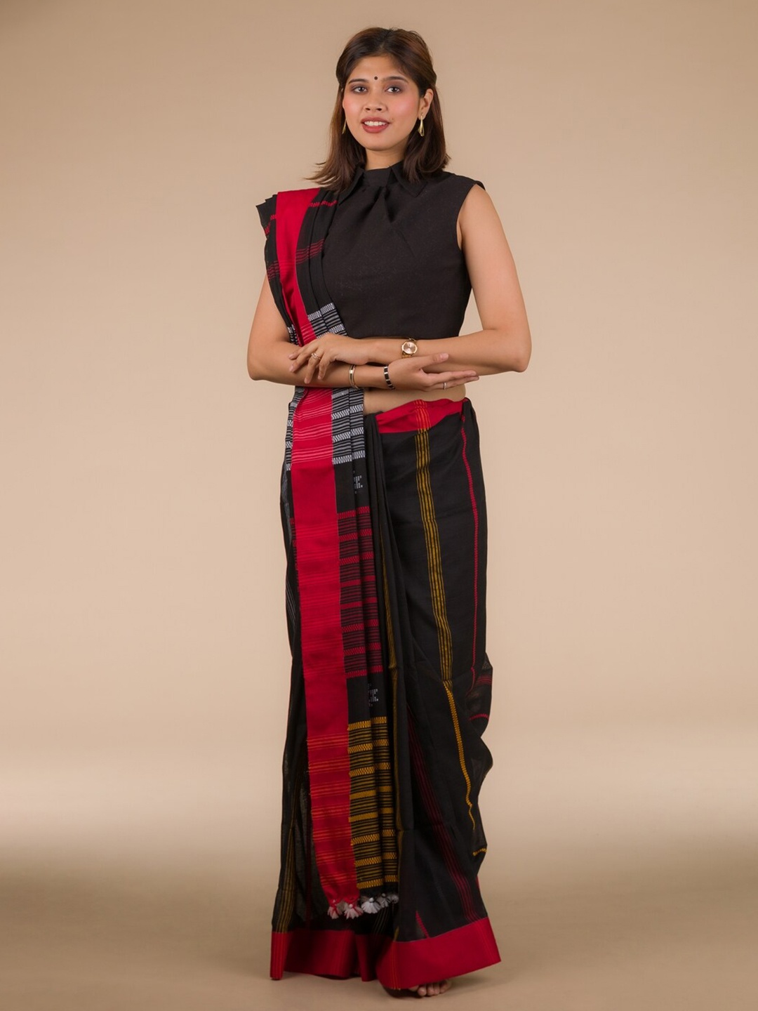 

Indyvarna Striped Pure Cotton Saree, Black