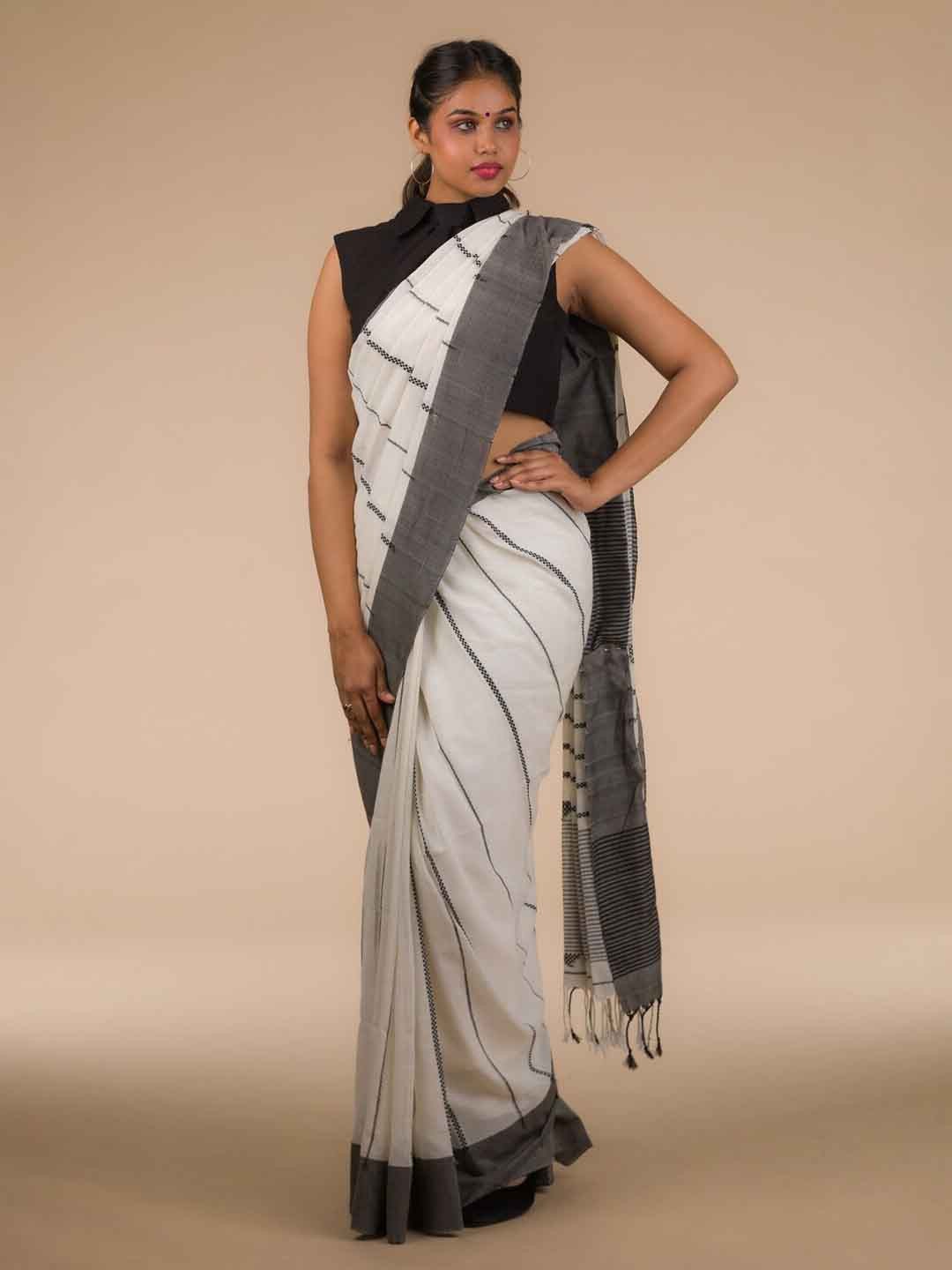 

Indyvarna Striped Pure Cotton Saree, White