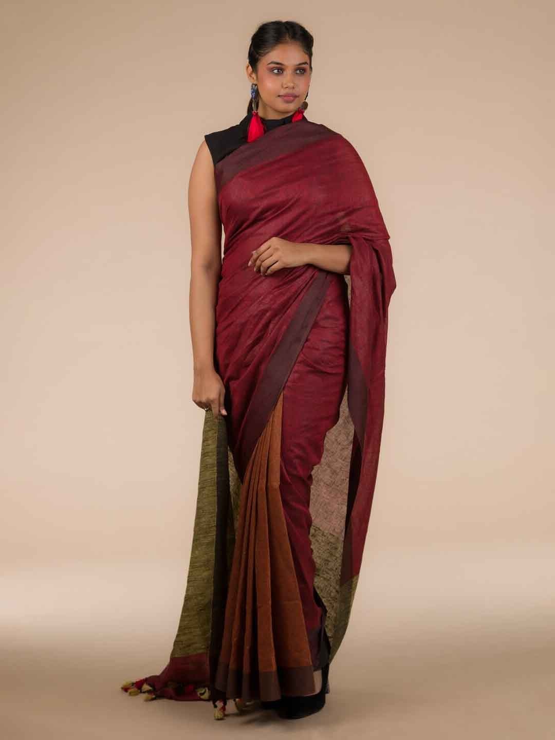 

Indyvarna Tasseled Pure Linen Saree, Brown