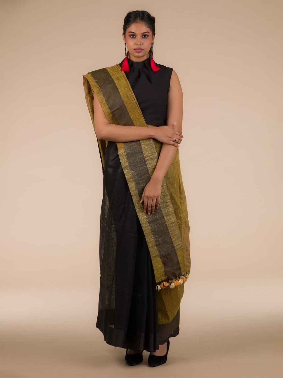 

Indyvarna Pure Linen Taant Saree, Black