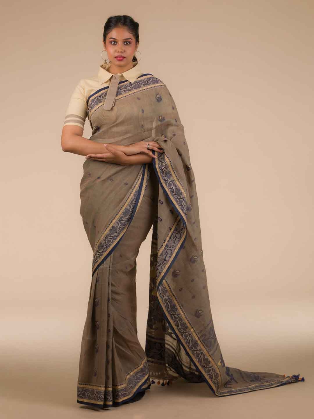 

Indyvarna Ethnic Motifs Woven Design Linen Cotton Chanderi Saree, Beige