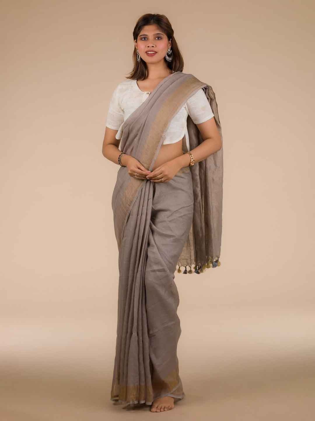 

Indyvarna Zari Tasseled Pure Linen Saree, Grey
