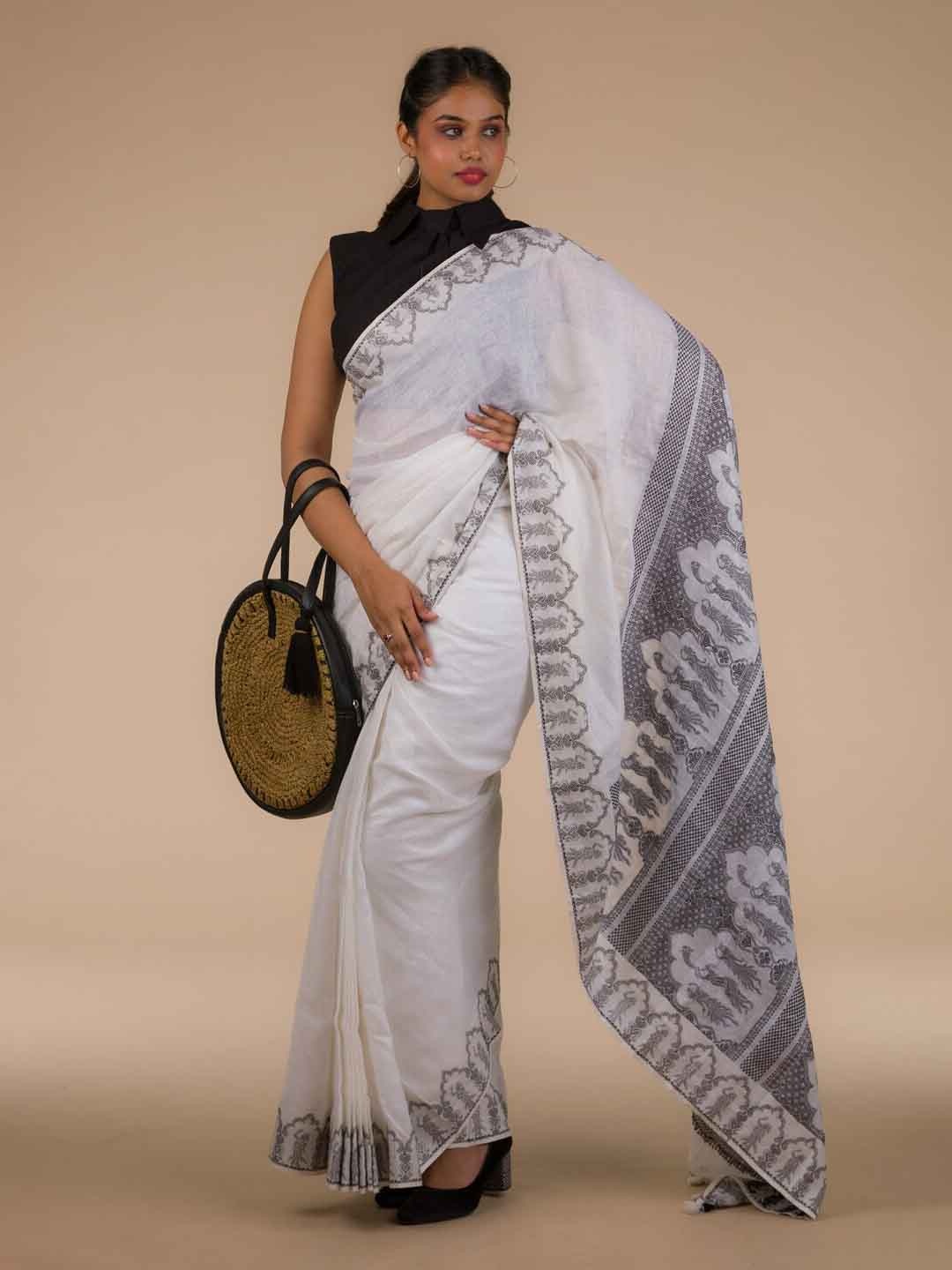 

Indyvarna Pure Linen Baluchari Saree, White