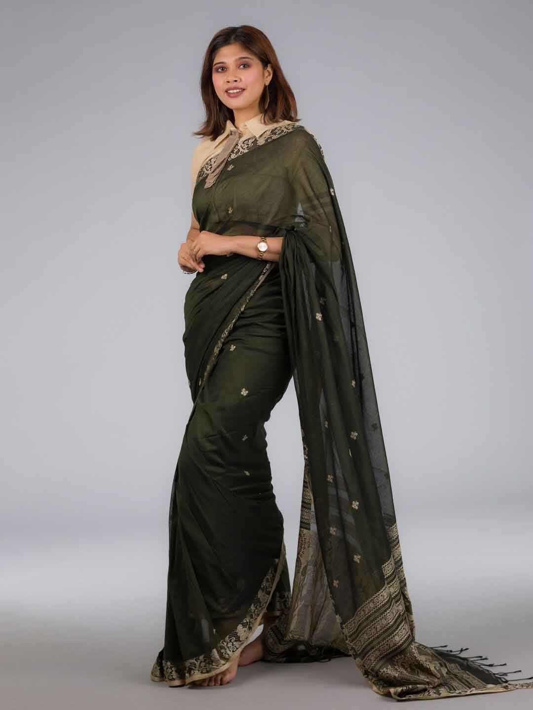 

Indyvarna Ethnic Motifs Woven Design Pure Cotton Baluchari Saree, Green