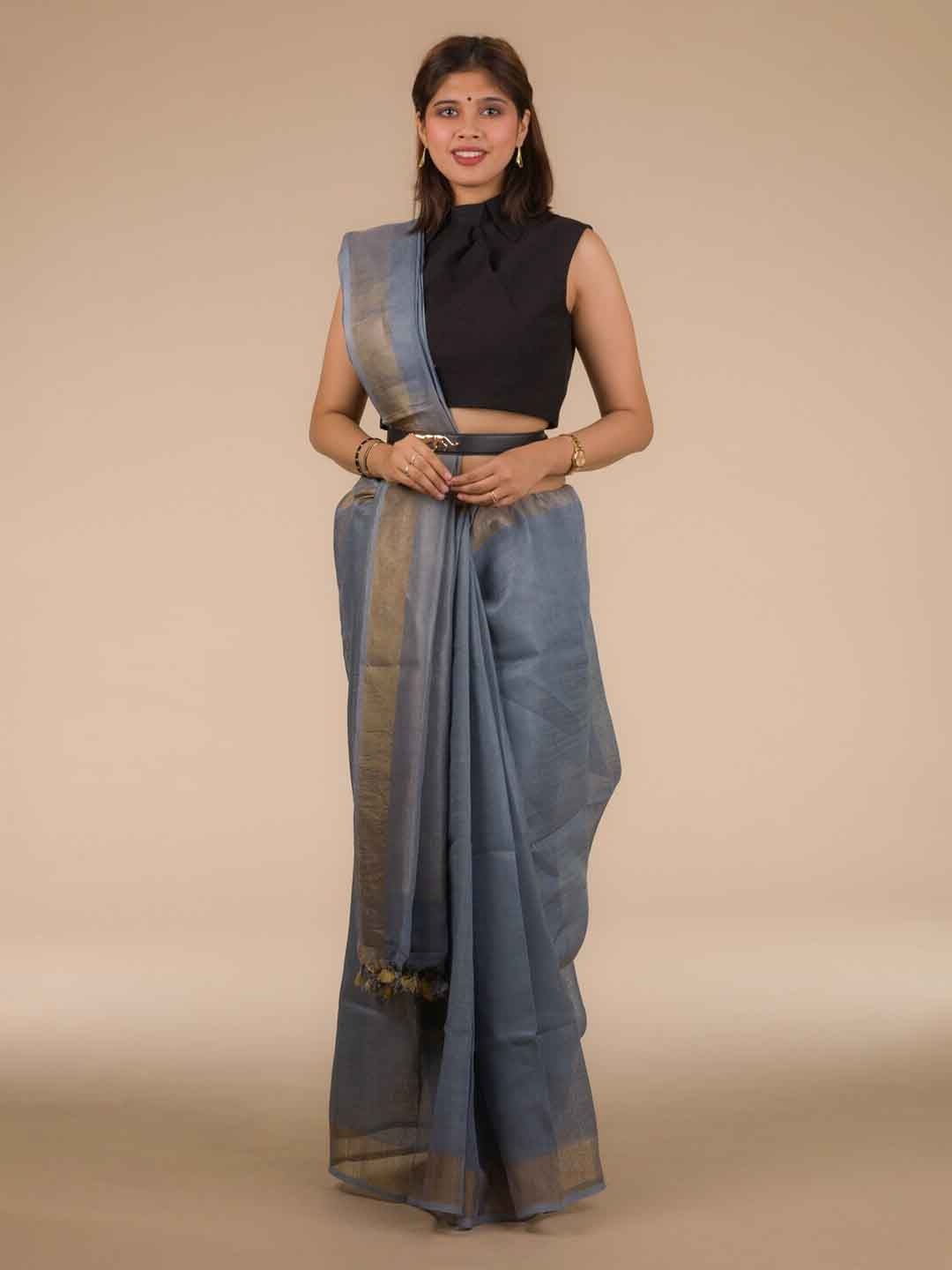 

Indyvarna Zari Tasseled Pure Linen Saree, Grey