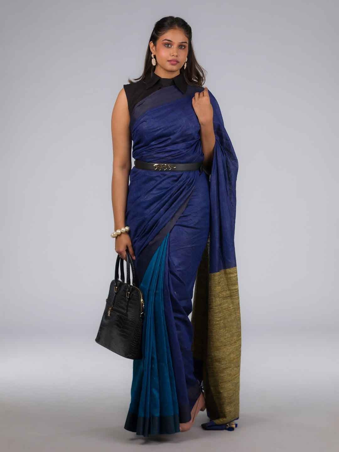 

Indyvarna Pure Linen Saree, Blue