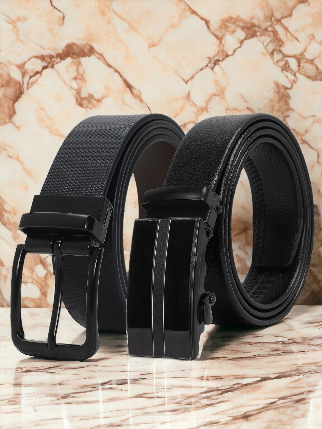 

CRUSSET Men Set of 2 Textured Leather Formal Belt, Black