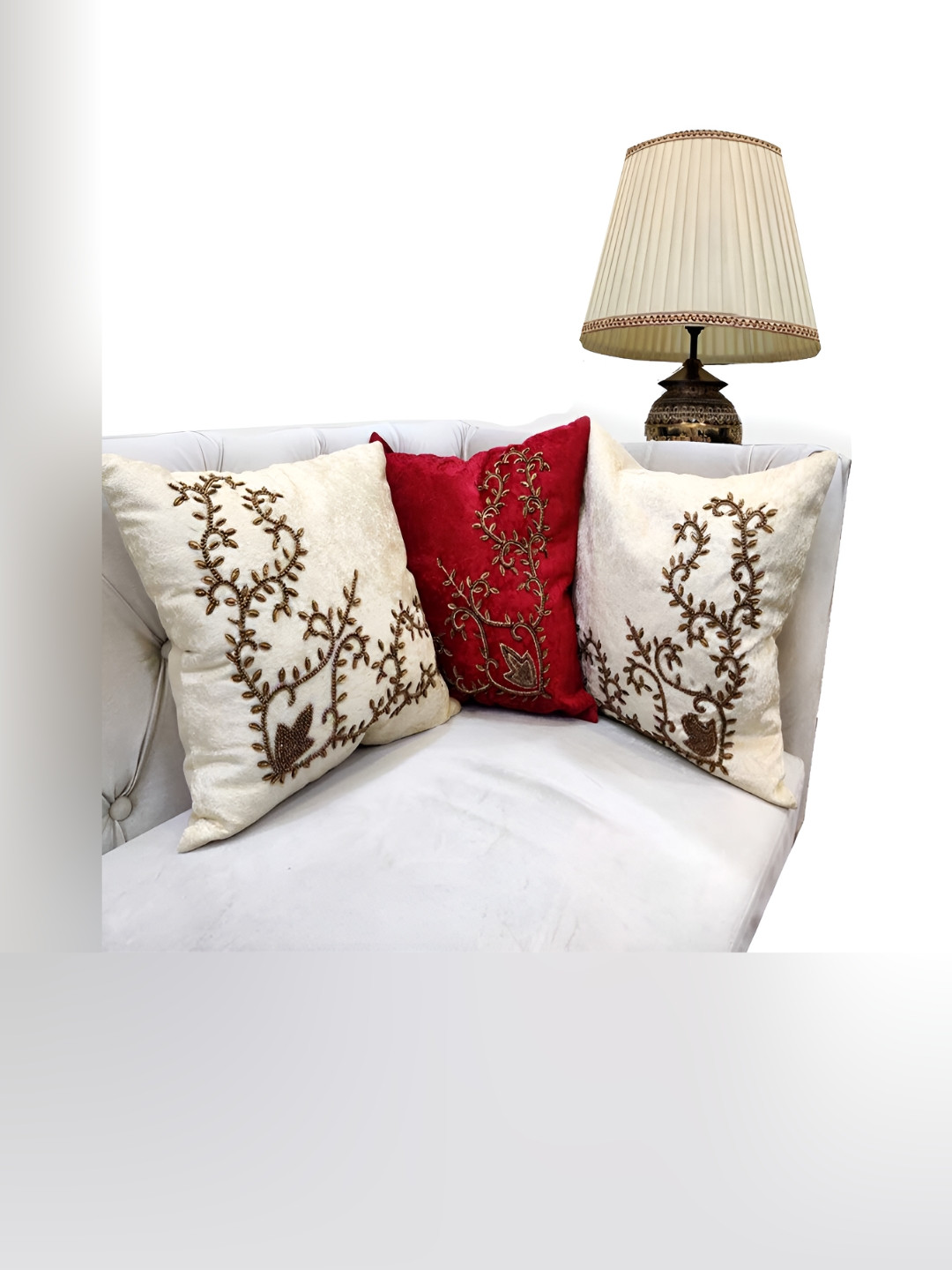 

Good Vibes Cream-Coloured & Red Set of 3 Embellished Velvet Square Cushion Covers