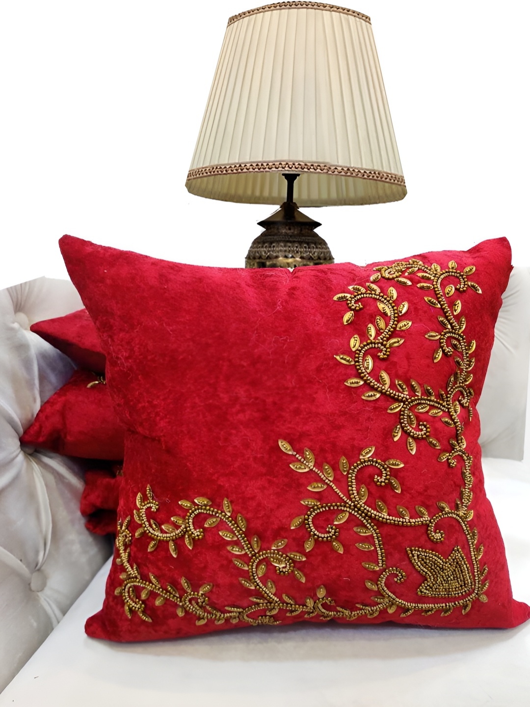 

Good Vibes Maroon & Gold-Toned Set of 5 Embellished Velvet Square Cushion Covers