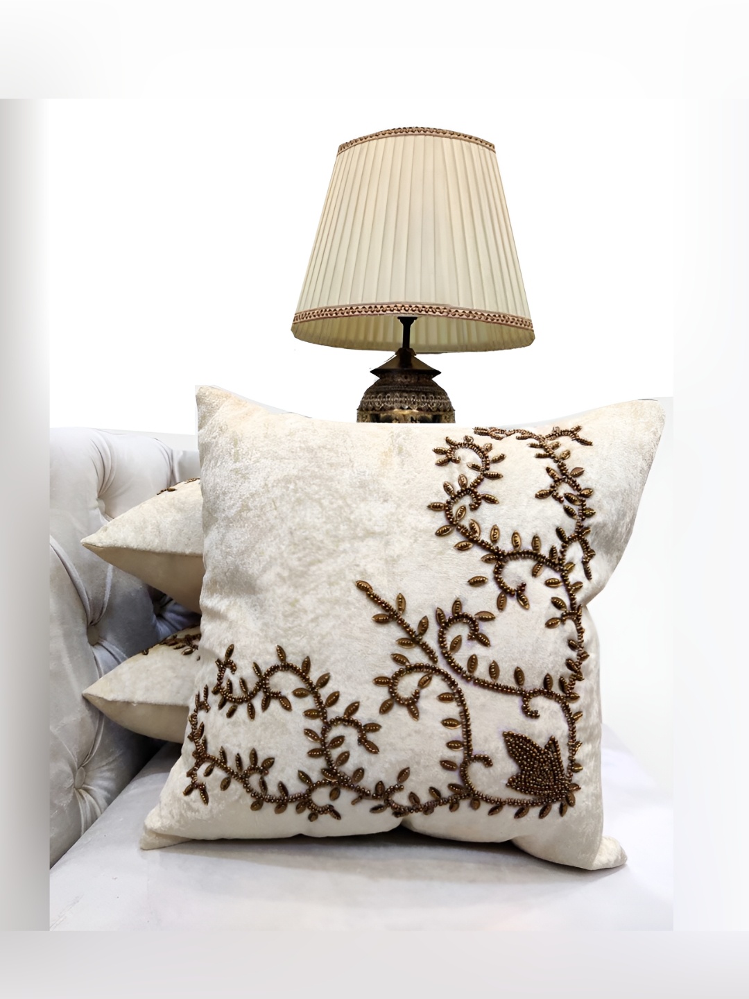 

Good Vibes Cream-Coloured & Beige Set of 3 Embellished Velvet Square Cushion Covers