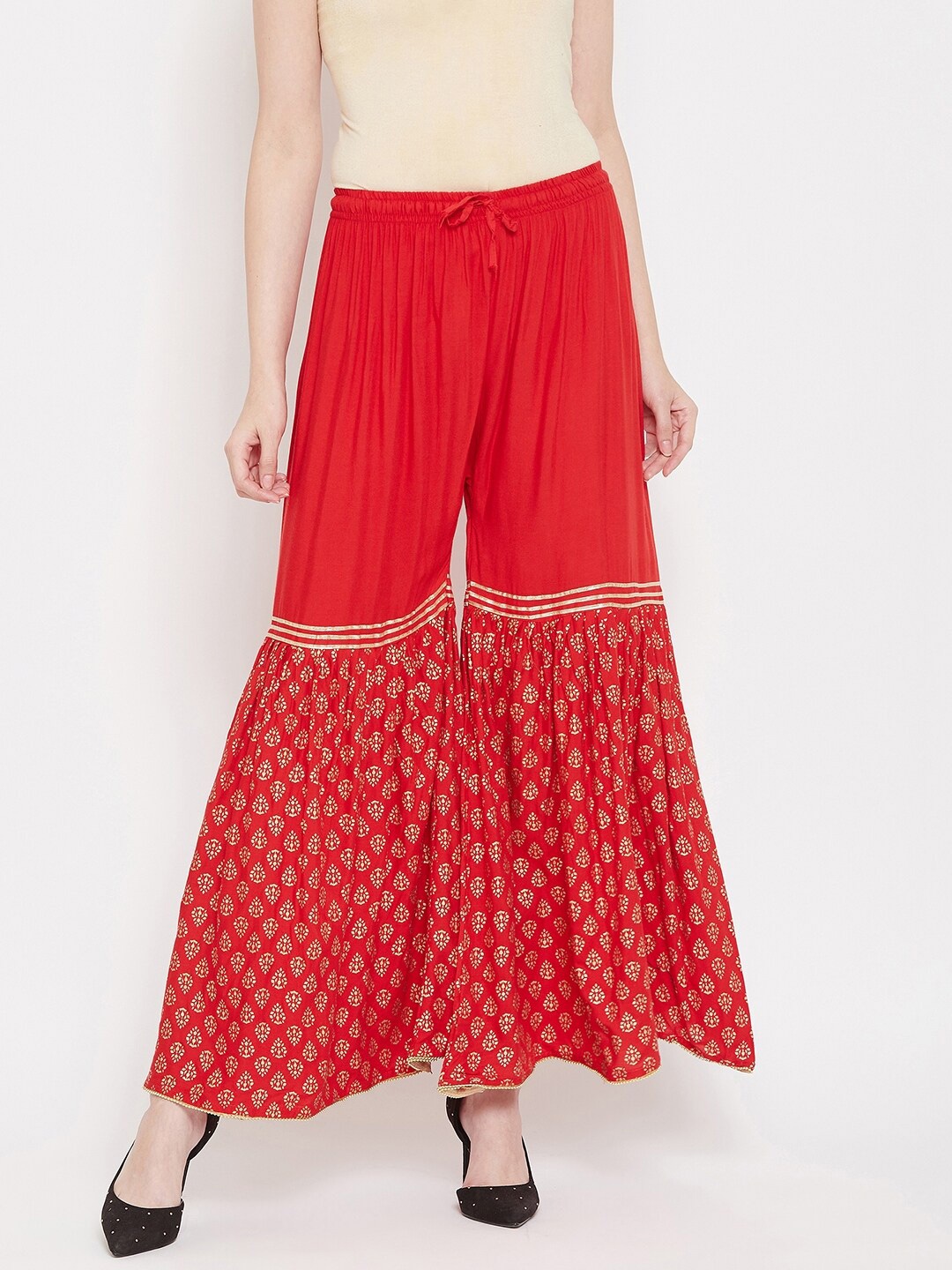 

Castle Lifestyle Ethnic Motifs Foil Printed Flared Sharara, Red