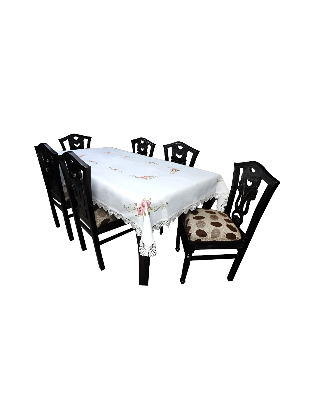 

MONKDECOR Pink & White Floral Embroidered 6-Seater Table Cover