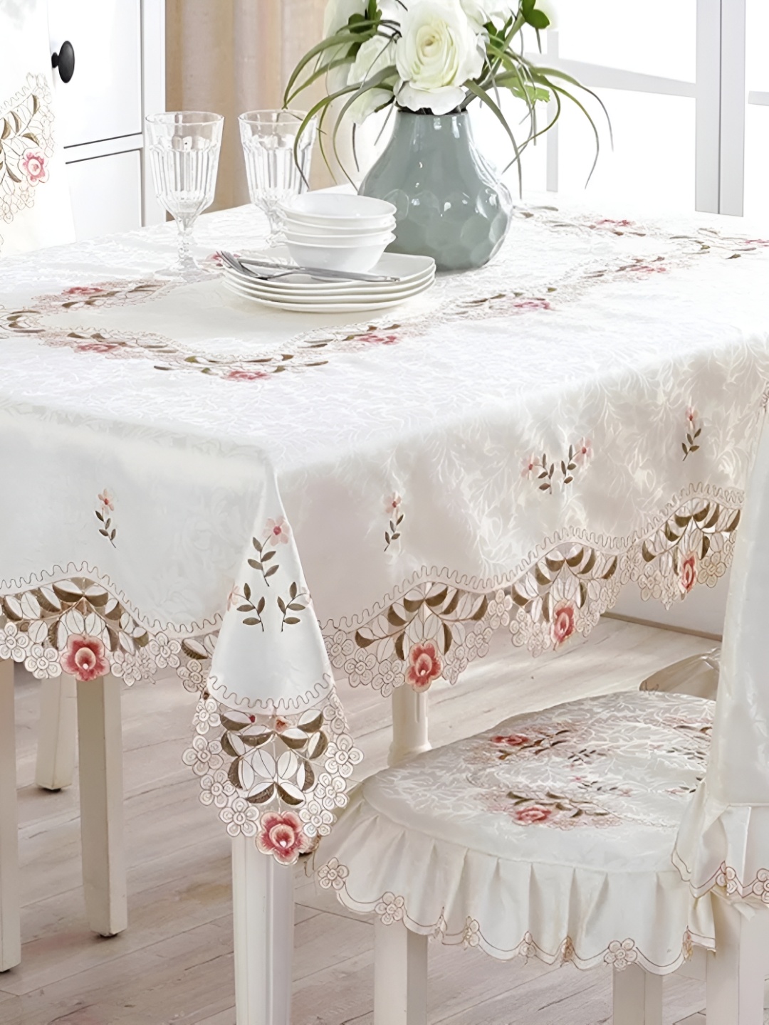 MONKDECOR White Satin Floral 6-Seater Embroidered details Table Cover