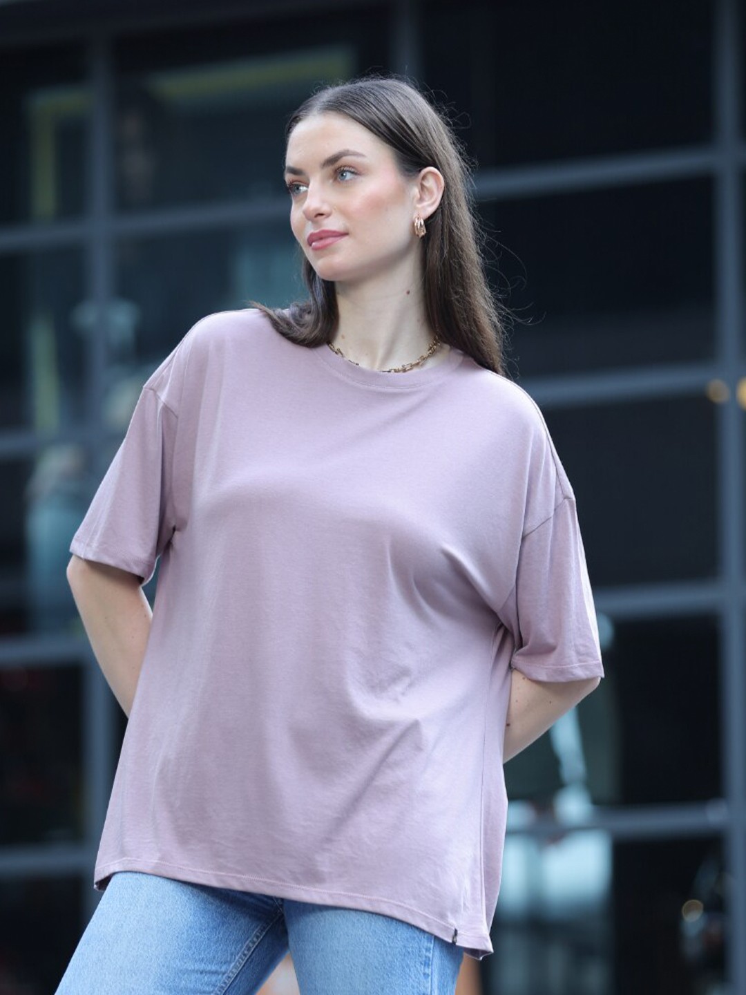 

TITTLI Drop Shoulder Sleeves Pure Cotton Oversized T-shirt, Purple