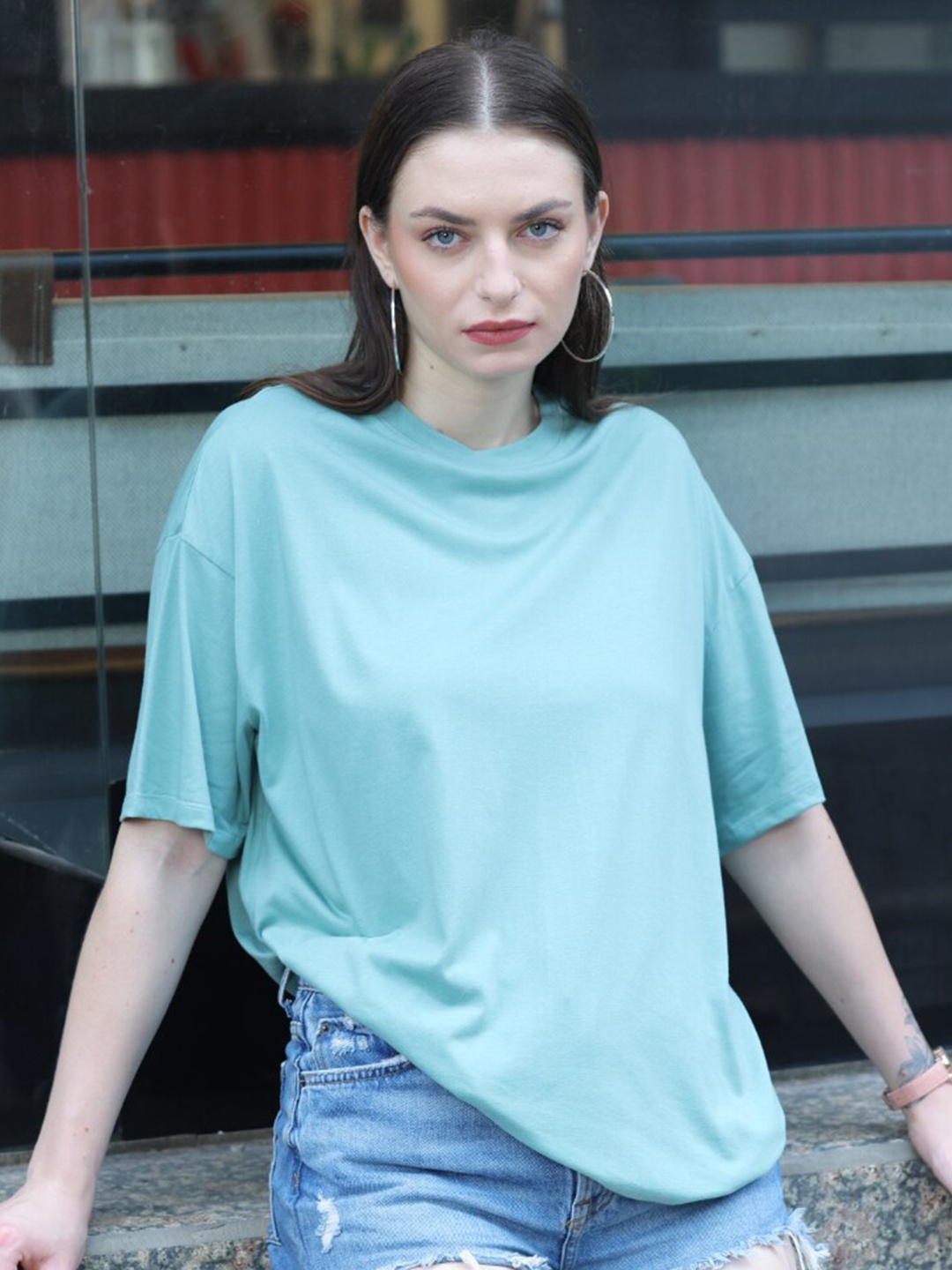 

TITTLI Milk Maid Round Neck Drop-Shoulder Sleeves Pure Cotton Oversized T-shirt, Turquoise blue