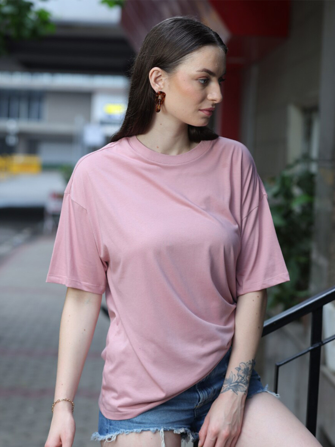 

TITTLI Round Neck Pure Cotton Oversized T-shirt, Peach