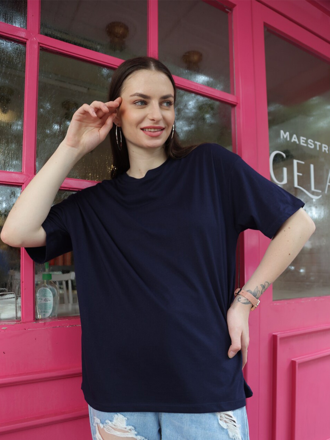 

TITTLI Drop Shoulder Sleeves Pure Cotton Oversized T-shirt, Navy blue