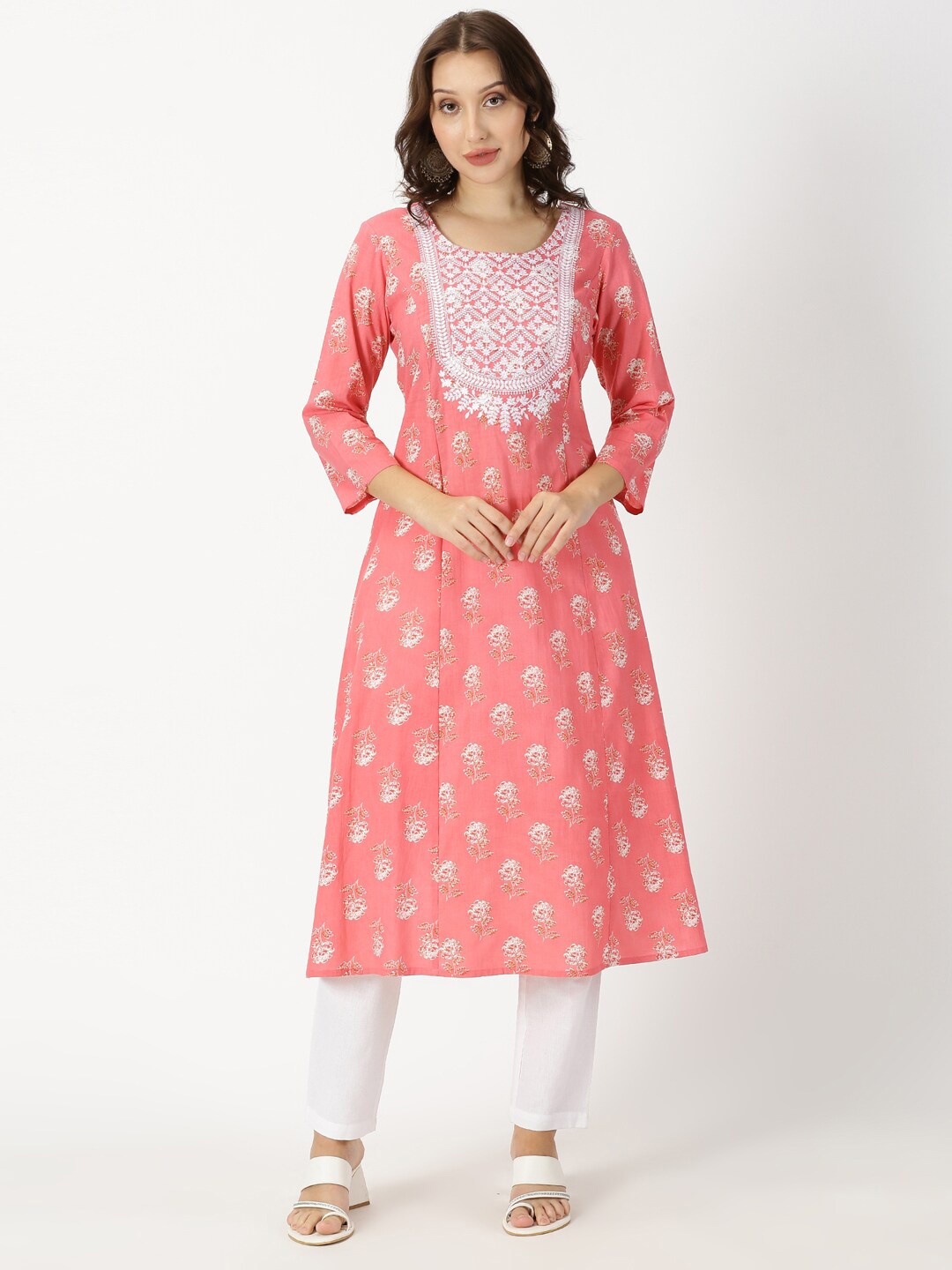 

SAFFRON THREADS Floral Print Lucknowi Chikankari Embroidery Kurta, Coral