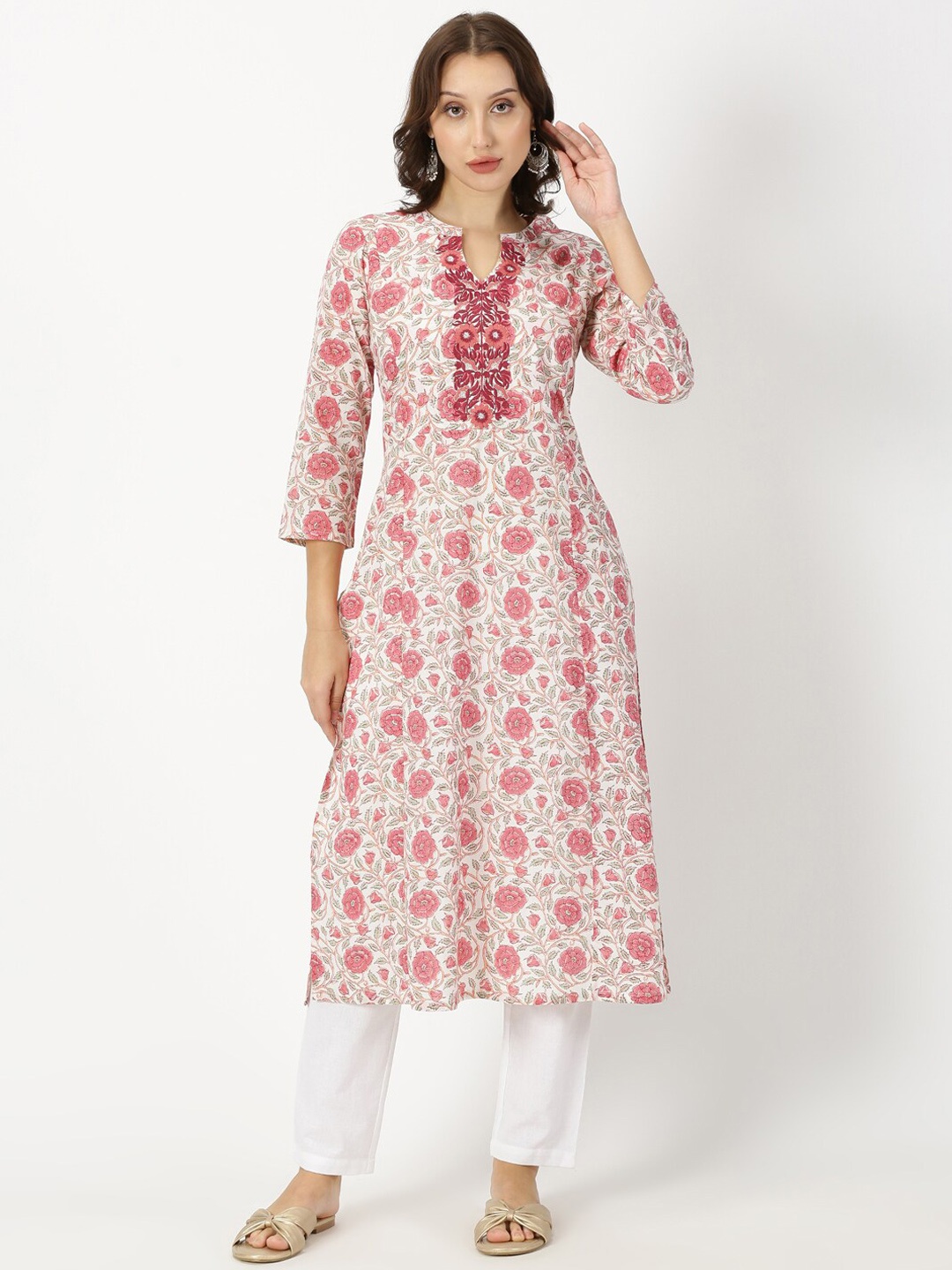 

Saffron Threads Floral Print Embroidered Neck Kurta, White