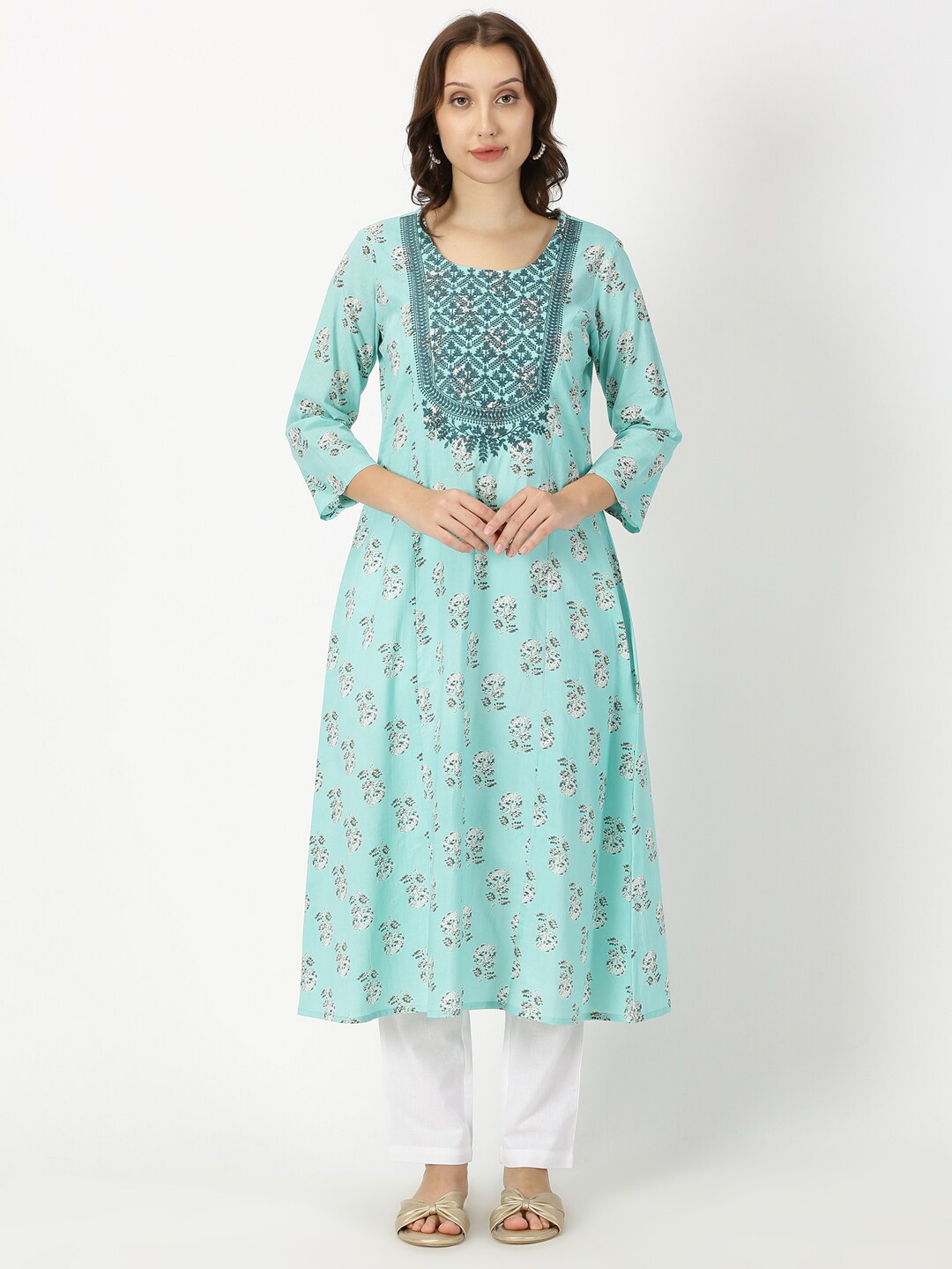 

Saffron Threads Women Floral Print with Yoke Embroidery Kurta, Turquoise blue