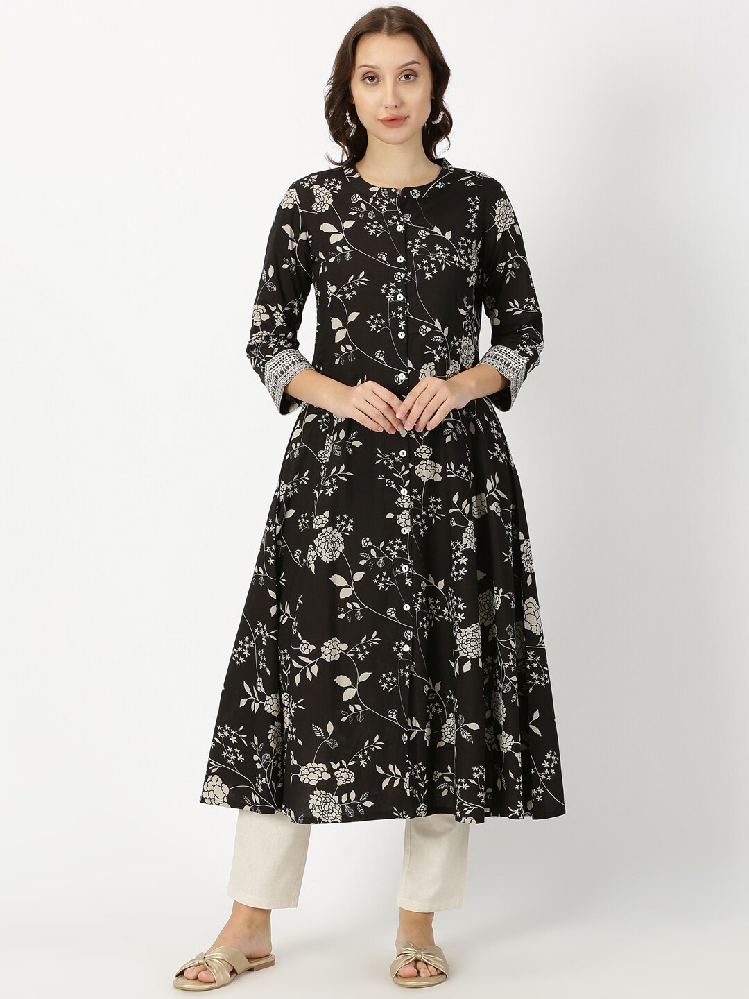 

Saffron Threads Floral Printed Embroidered Cotton Button-Down A-line Kurta, Black