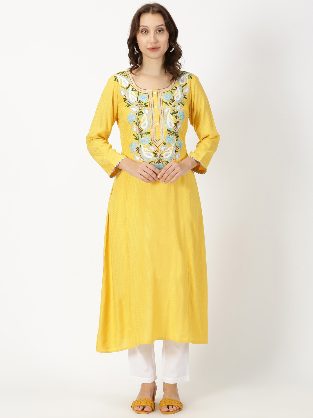 

SAFFRON THREADS Self Design Kurta With Kashida Embroidery, Yellow
