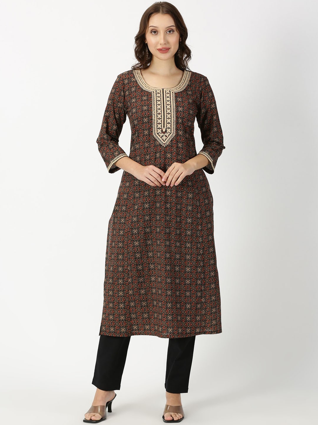 SAFFRON THREADS Ajrakh Printed Straight Pure Cotton Kurta, Black