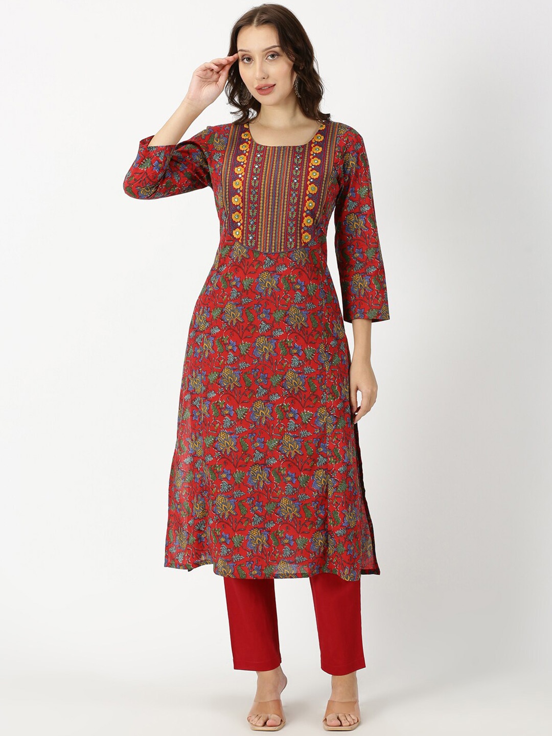 

Saffron Threads Floral Printed Straight Pure Cotton Kurta, Red