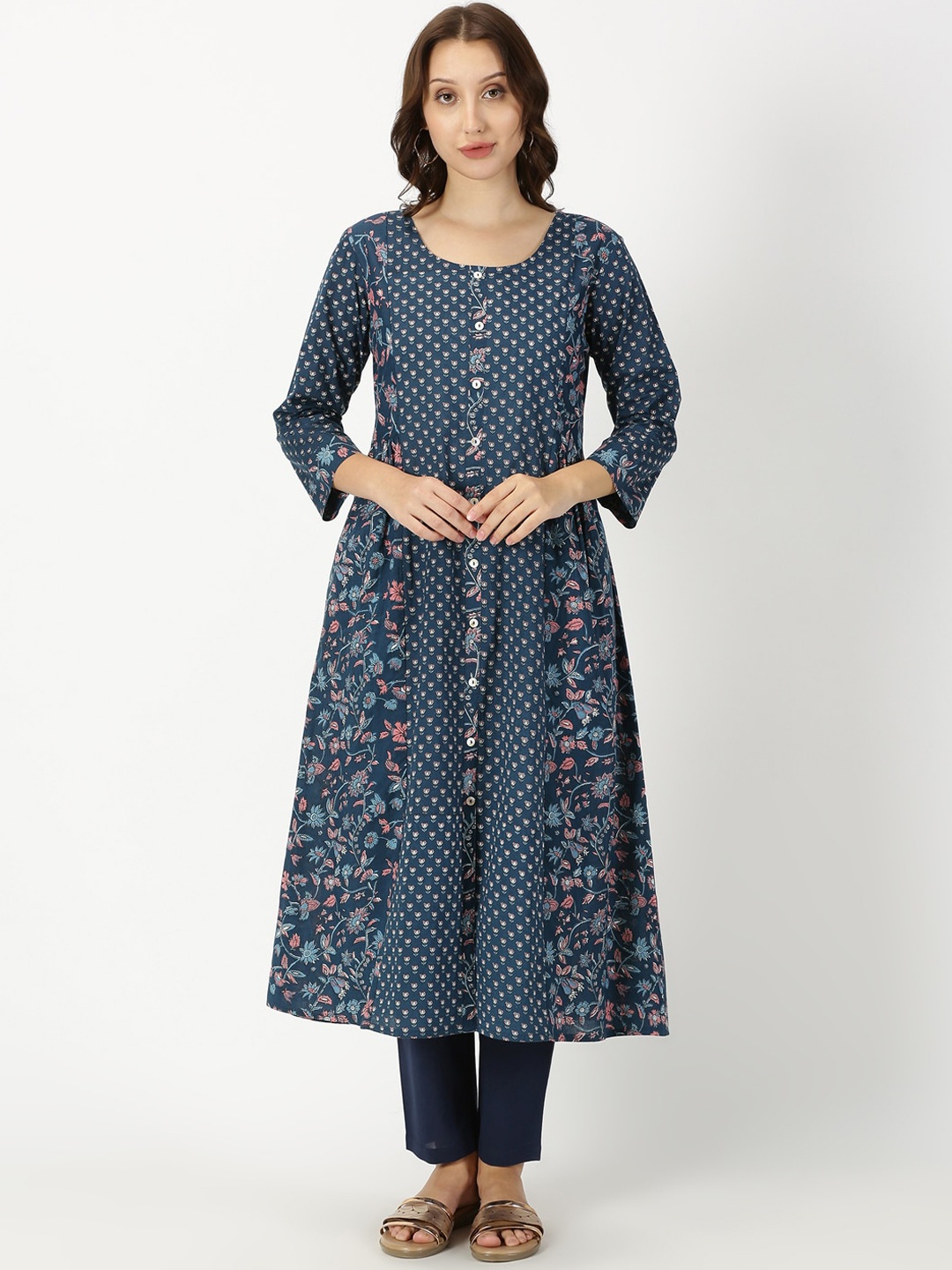 

Saffron Threads Floral Printed Panelled Cotton A-line Kurta, Navy blue