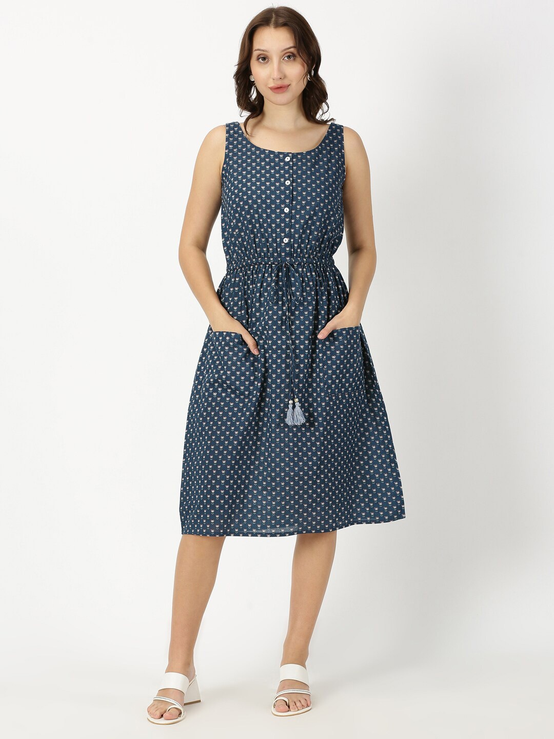 

Saffron Threads Lotus Dot Print Sleeveless Cotton A-Line Midi Dress, Navy blue