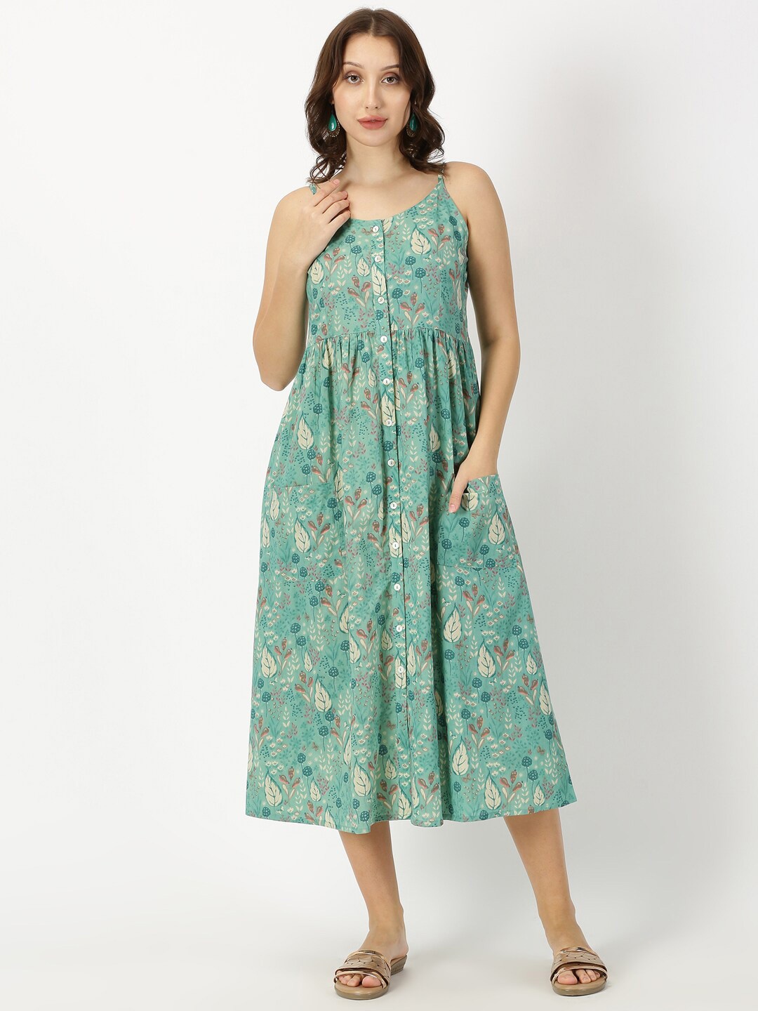 

Saffron Threads Leaf Printed Shoulder Strap Cotton A-Line Midi Dress, Green