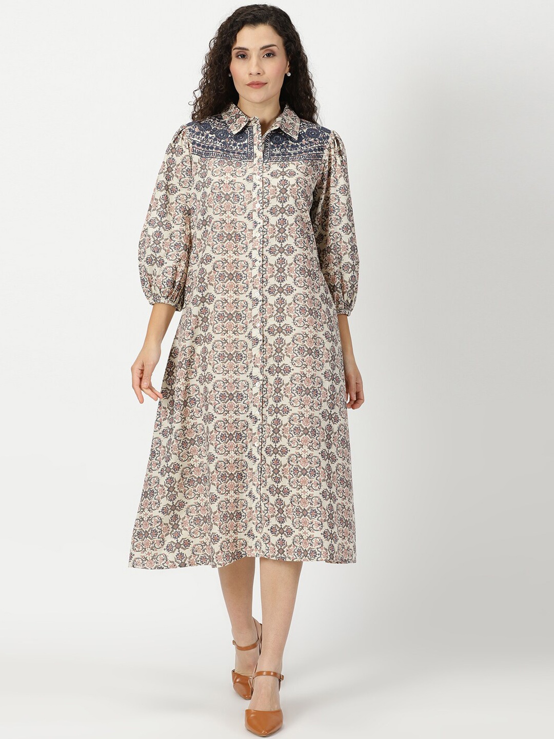

Saffron Threads Ethnic Motifs Printed Shirt Dress with Yoke Embroidery, Cream