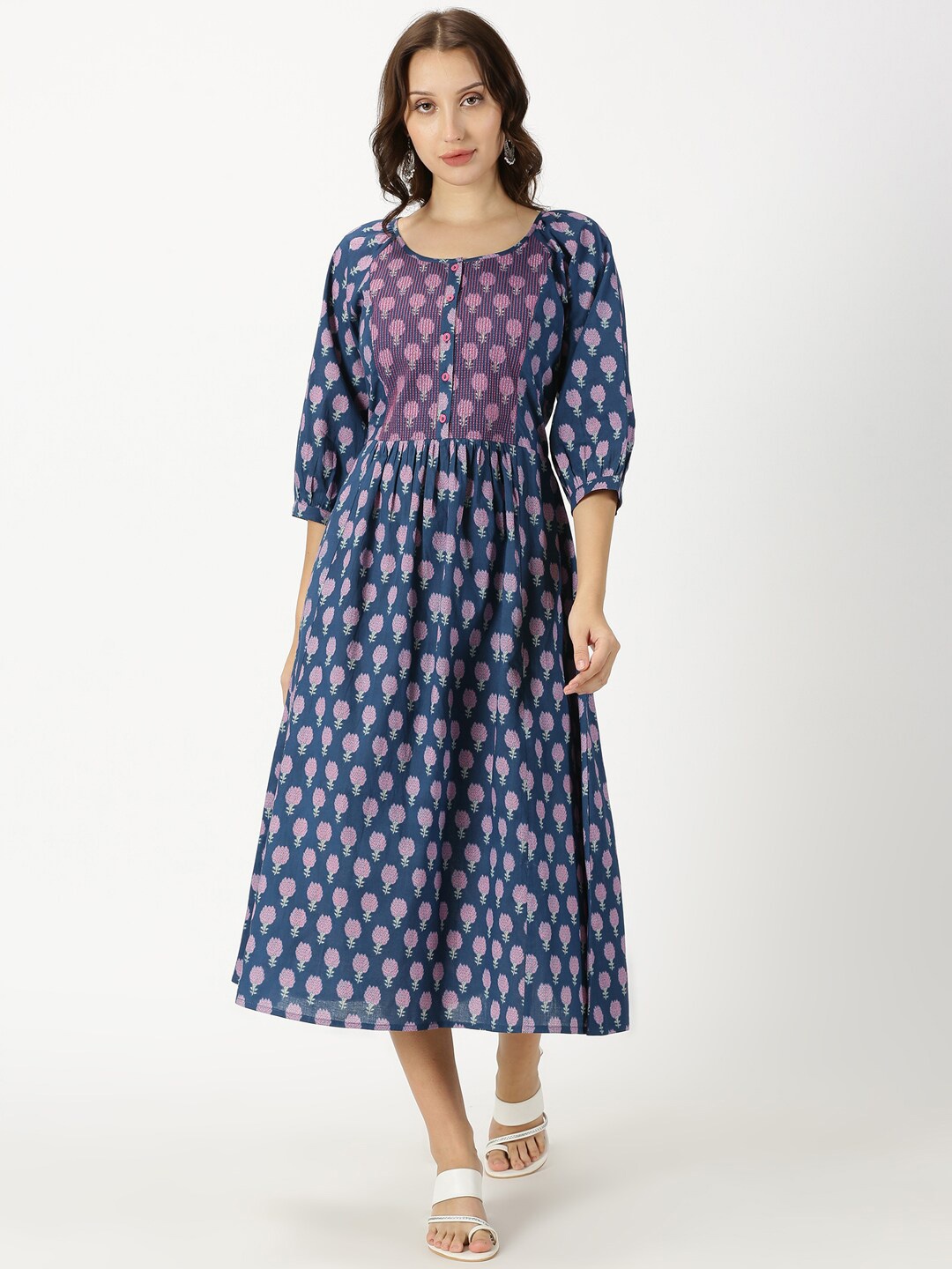 

Saffron Threads Floral Print Yoke Embroidery Midi Ethnic Dress, Navy blue