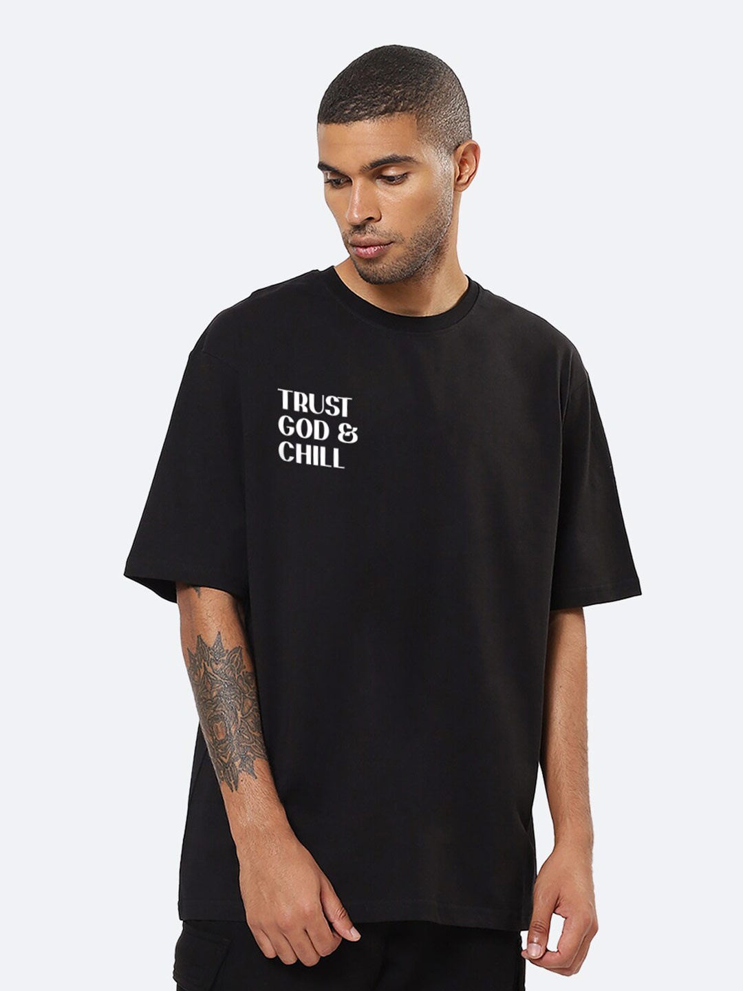 Mad Over Print Trust God Printed Drop-Shoulder Sleeves Cotton Oversized Tshirt, Black