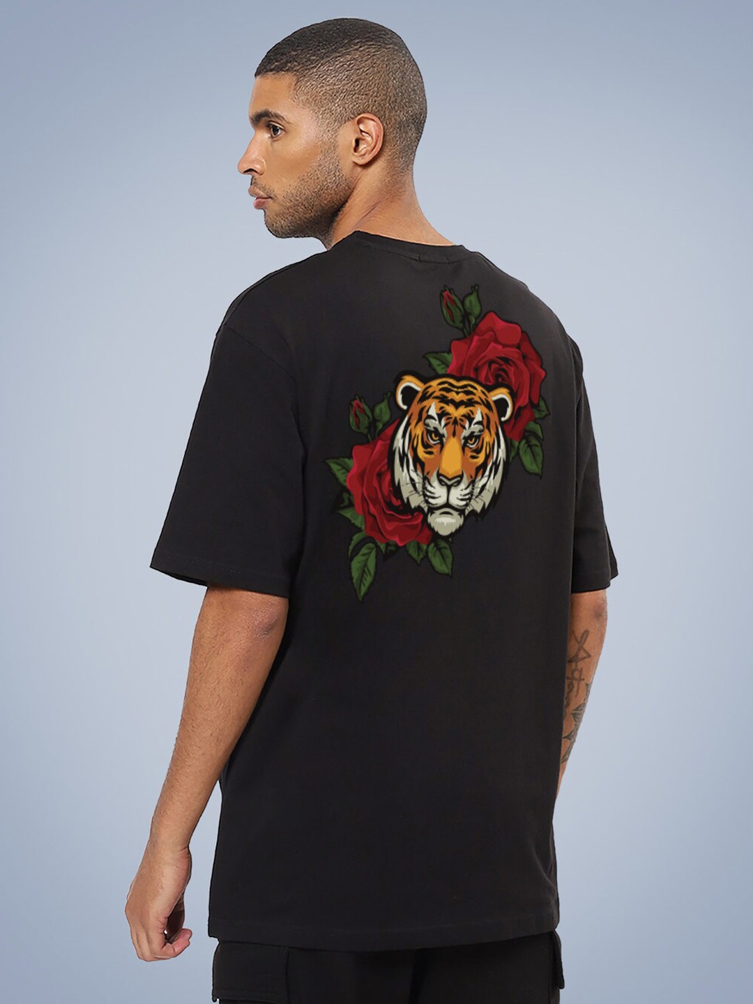 

Mad Over Print Rose Tiger Printed Drop-Shoulder Sleeves Cotton Oversized Tshirt, Black