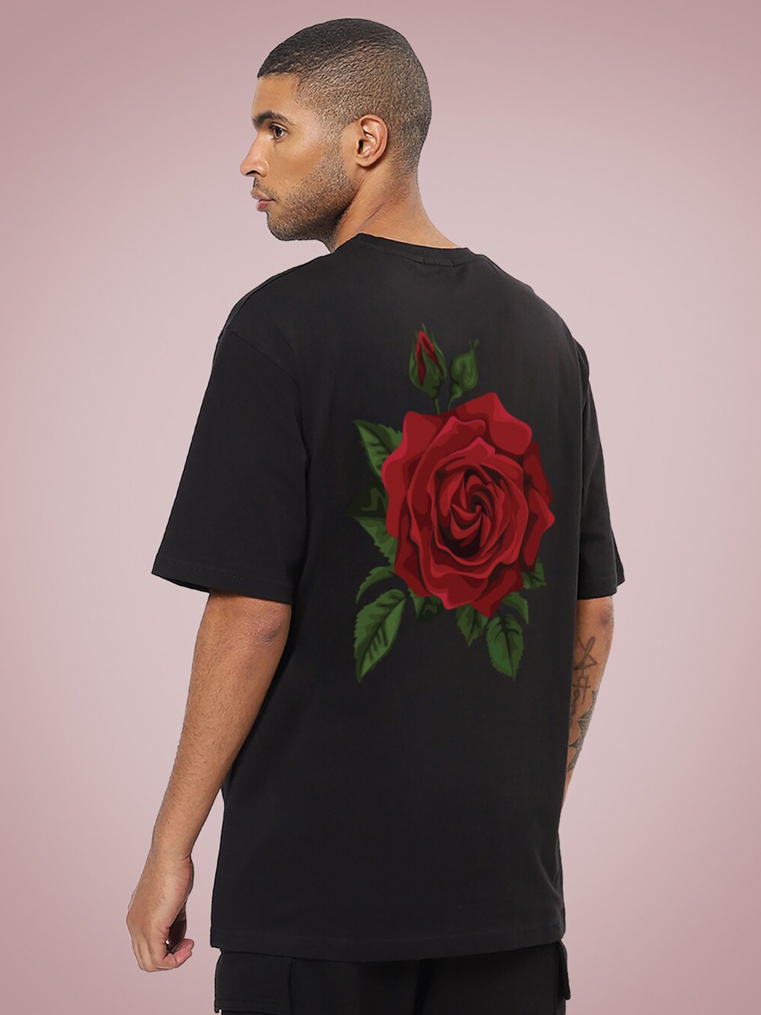 

Mad Over Print Rose Printed Drop-Shoulder Sleeves Cotton Oversized Tshirt, Black