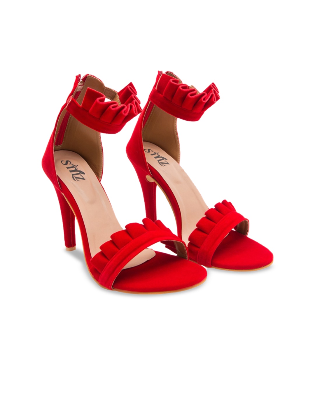 

stylzrepublic Girls Open Toe Velvet Ruffled Stiletto Heels, Red