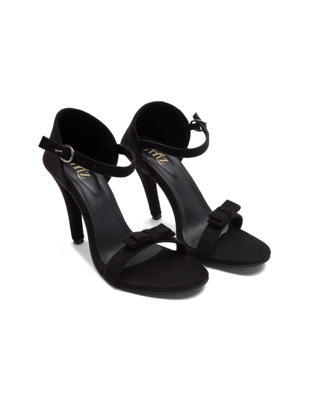 

stylzrepublic Girls Open Toe Bow Detail Velvet Stiletto Heels, Black