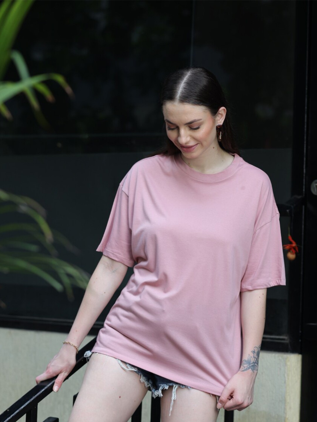 

TITTLI Round Neck Pure Cotton Oversized T-shirt, Peach